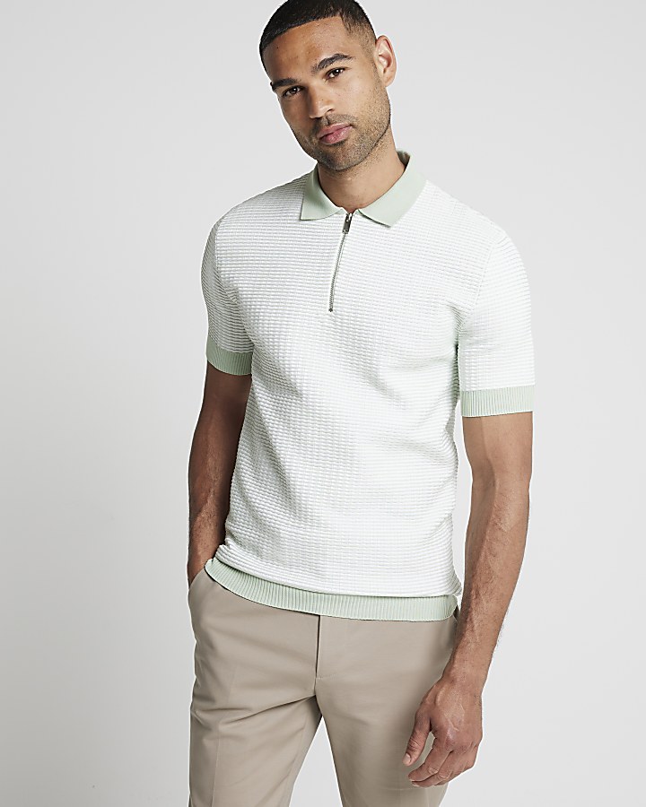 Green muscle fit knit grid half zip polo | River Island