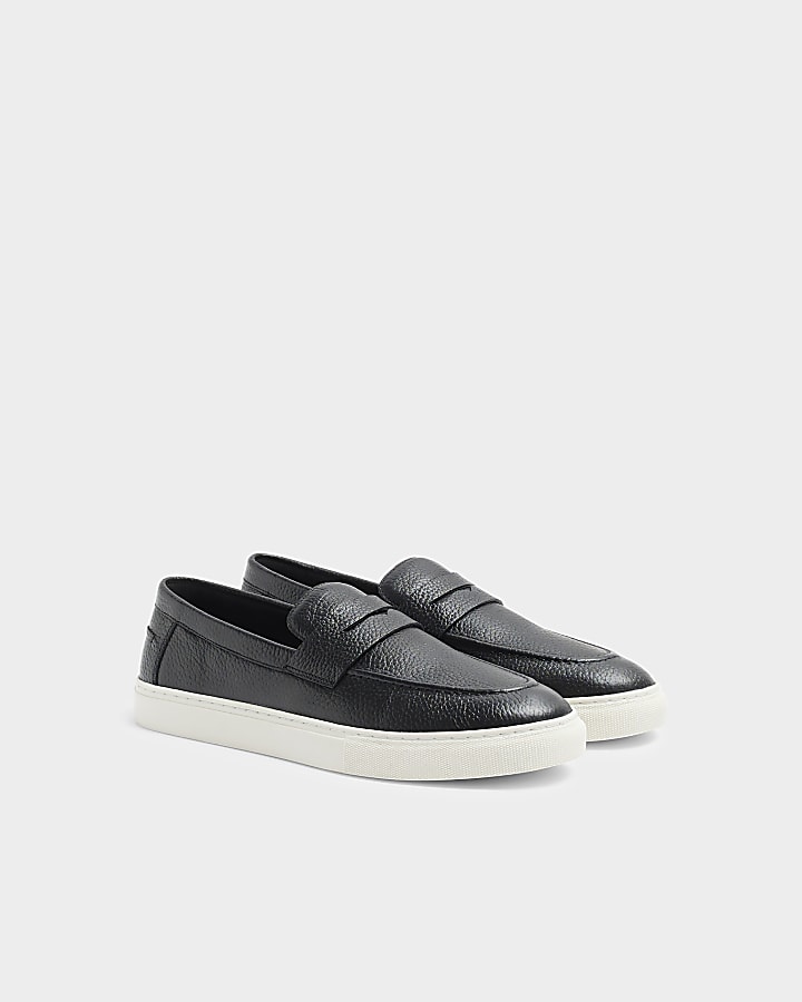 Black leather slip on loafers | River Island