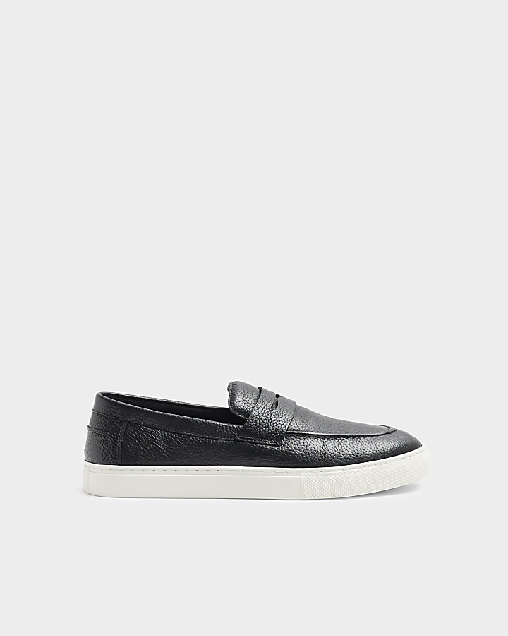 Black leather slip on loafers | River Island