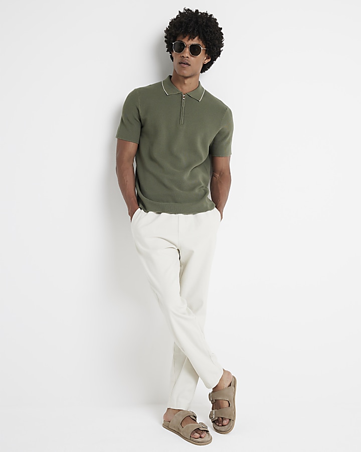 Beige tapered fit pull on trousers