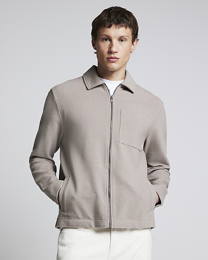 Beige regular fit ribbed zip up shacket | River Island