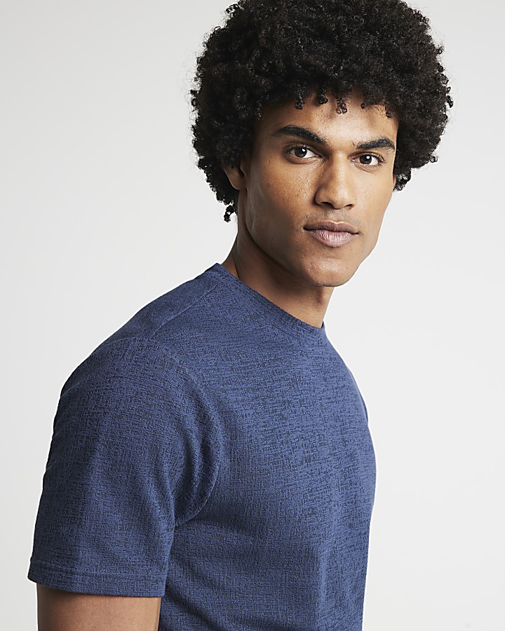 Navy slim fit textured fabric t-shirt | River Island