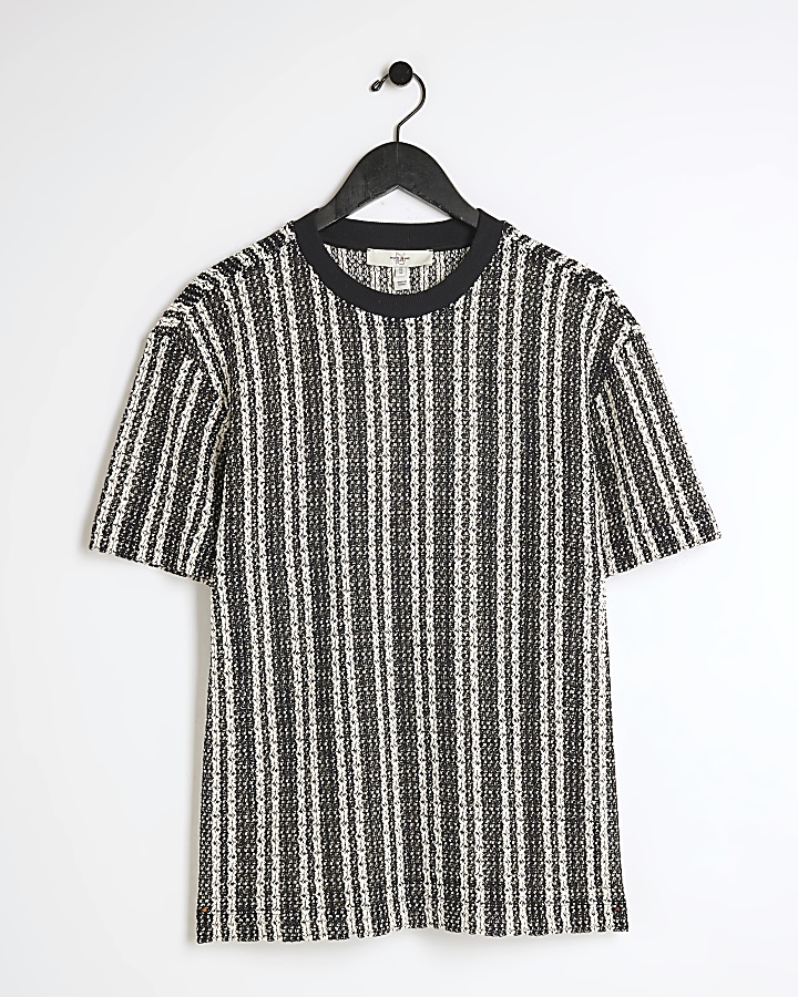 Black regular fit crochet stripe t-shirt