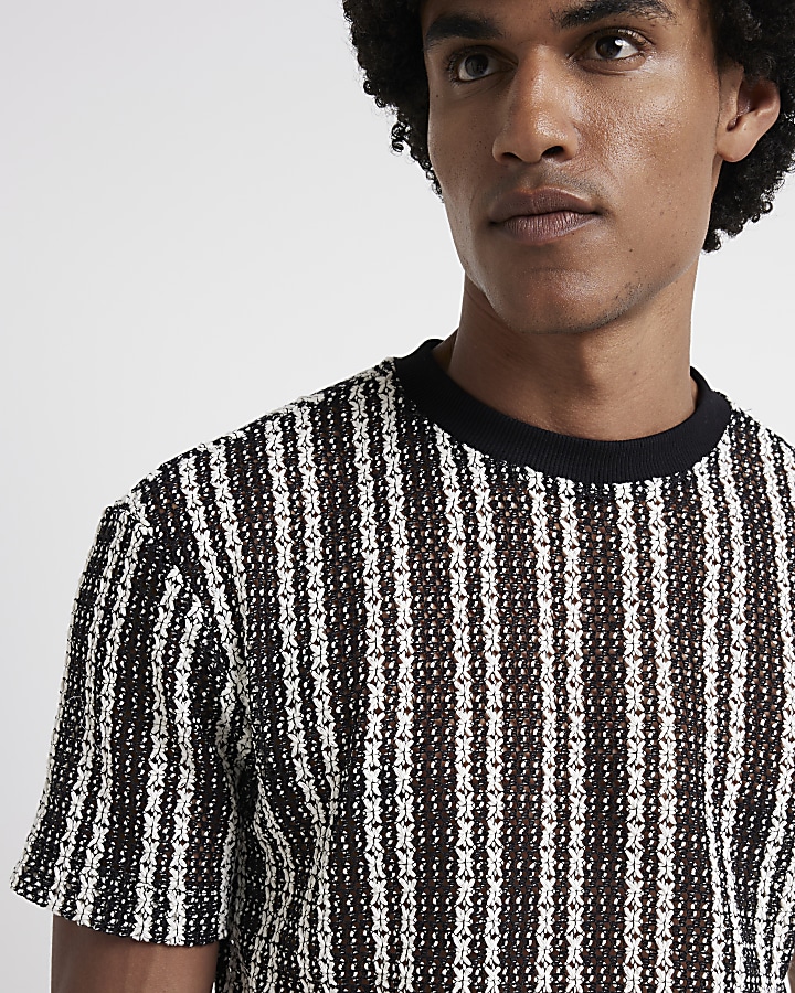 Black regular fit crochet stripe t-shirt