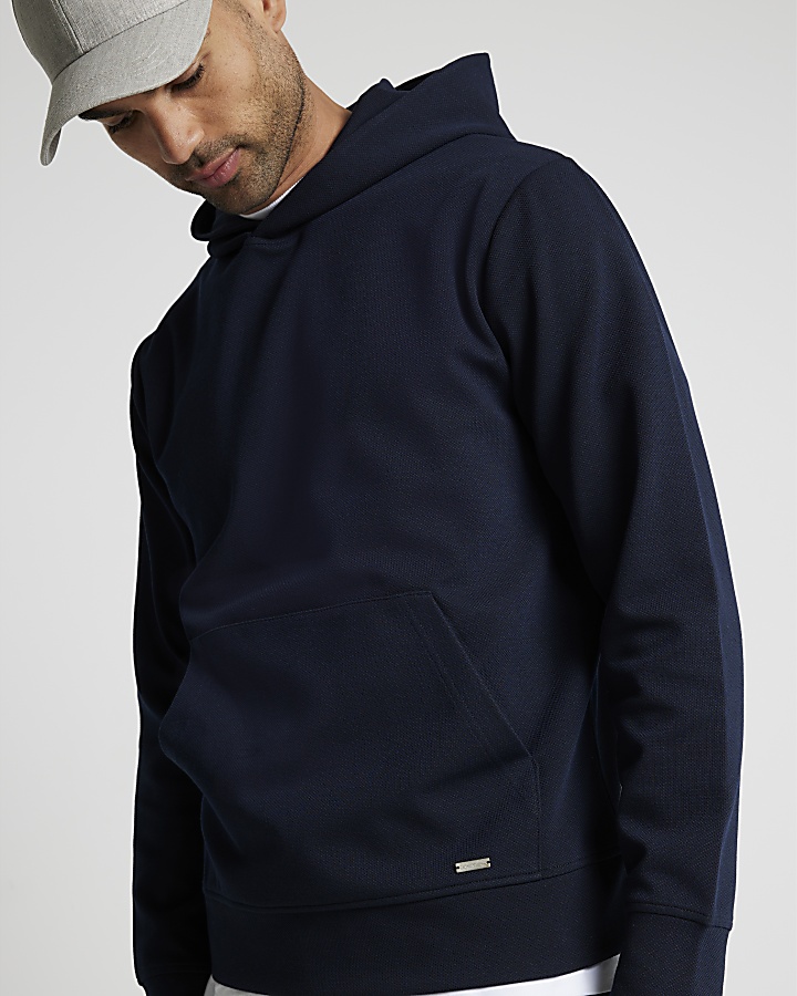Navy slim fit textured smart hoodie