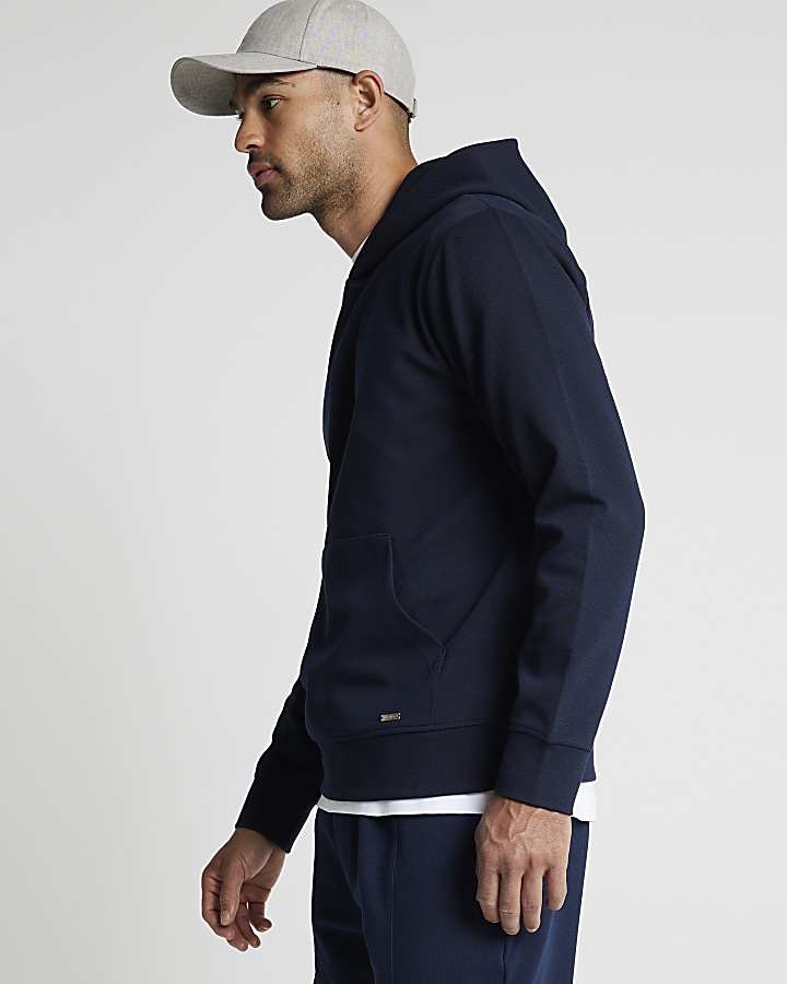 Navy slim fit textured smart hoodie