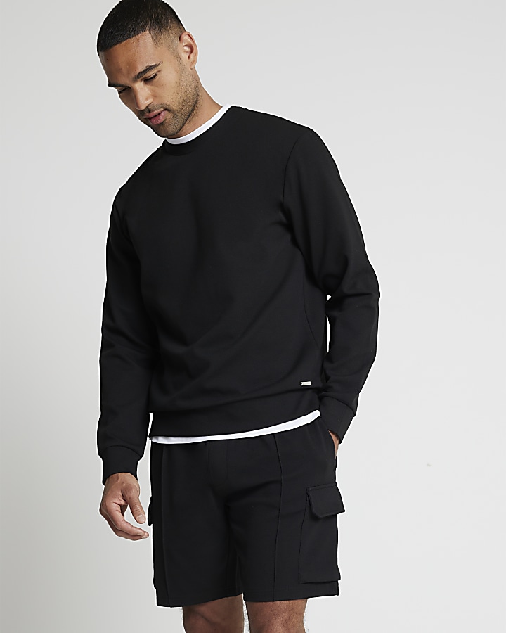 Black slim fit textured smart sweatshirt