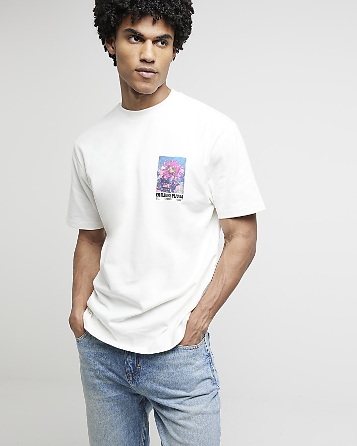 White regular fit floral graphic t-shirt