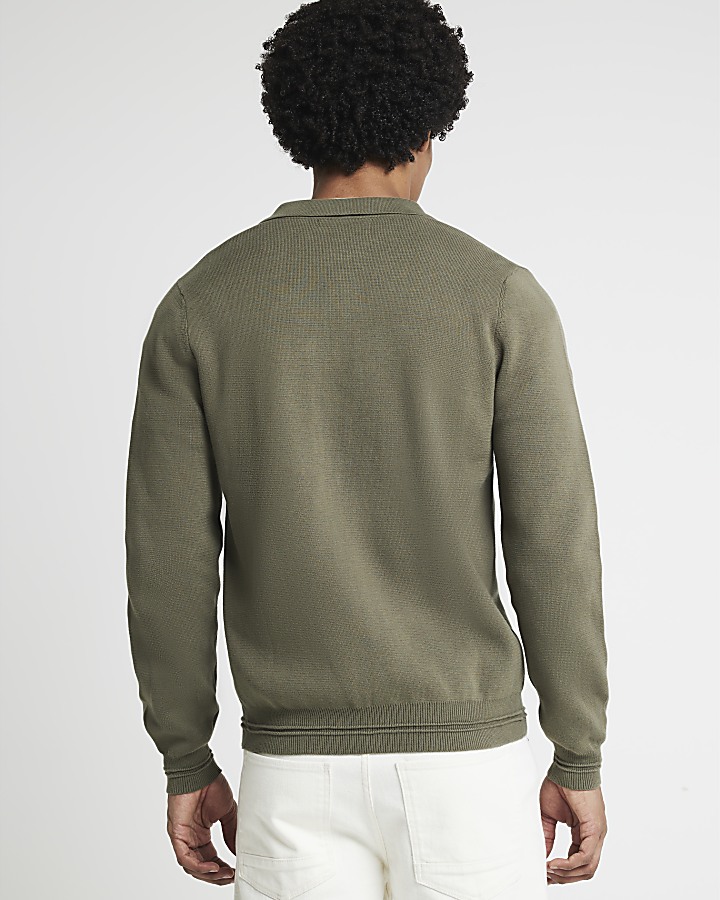 Khaki regular fit knitted zip up shirt