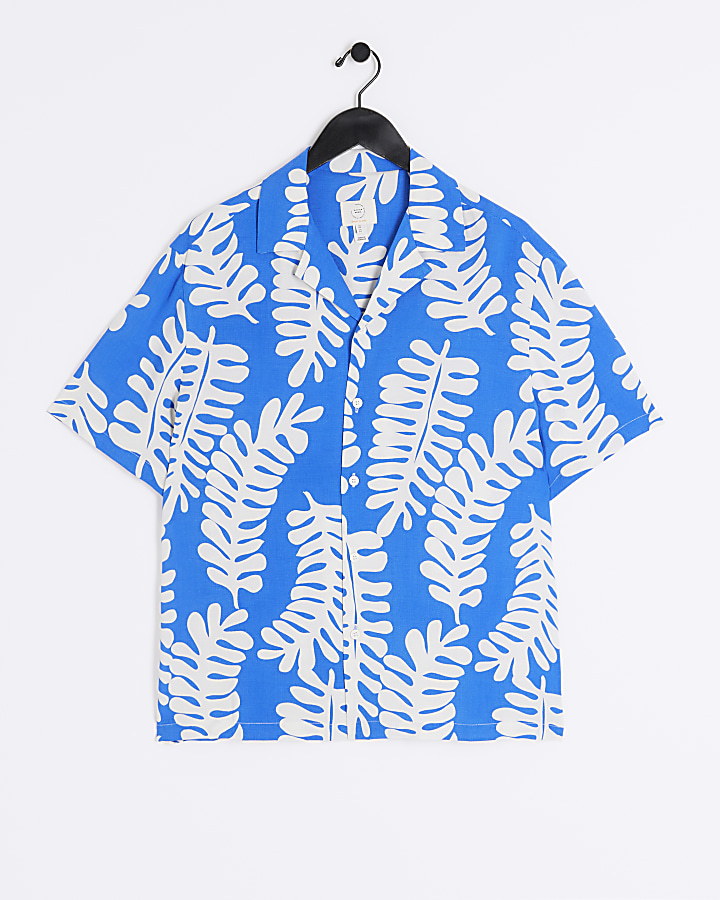 Blue regular fit tropical leaf shirt