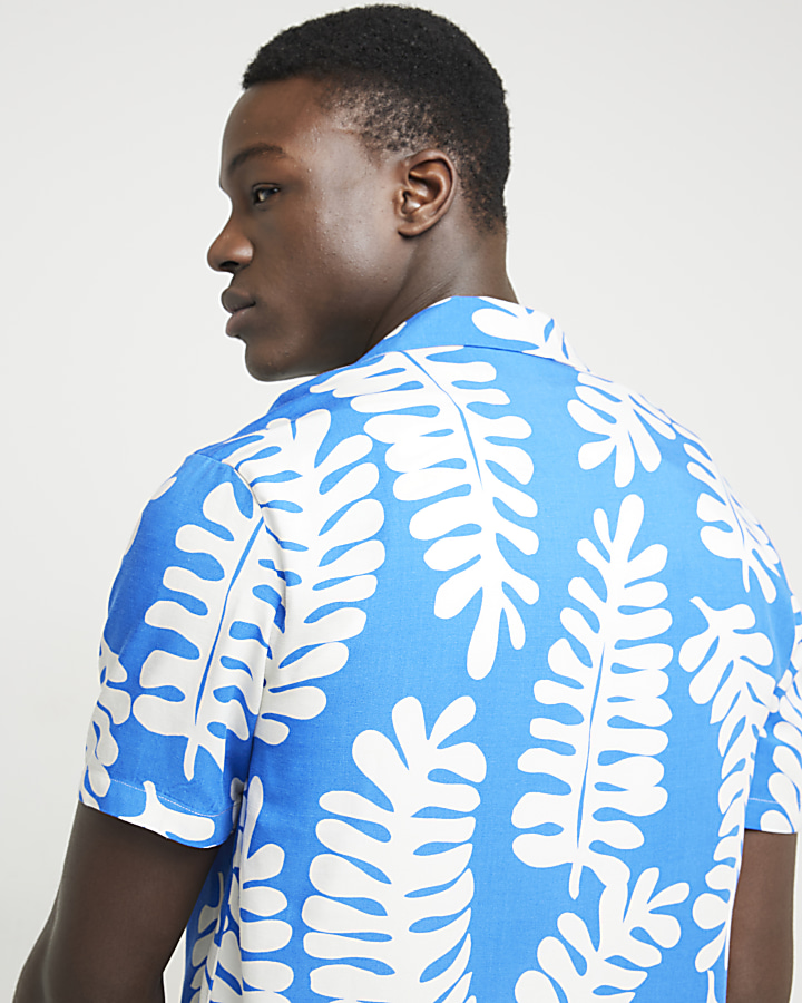 Blue regular fit tropical leaf shirt