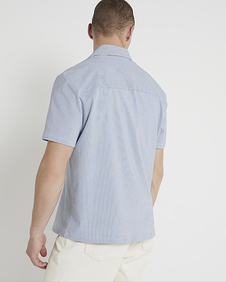 Blue regular fit stripe seersucker shirt