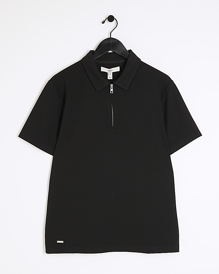 Black slim fit half zip short sleeve polo