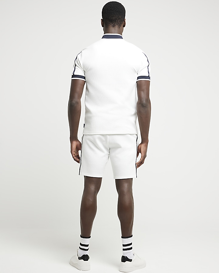 White slim fit textured taped shorts