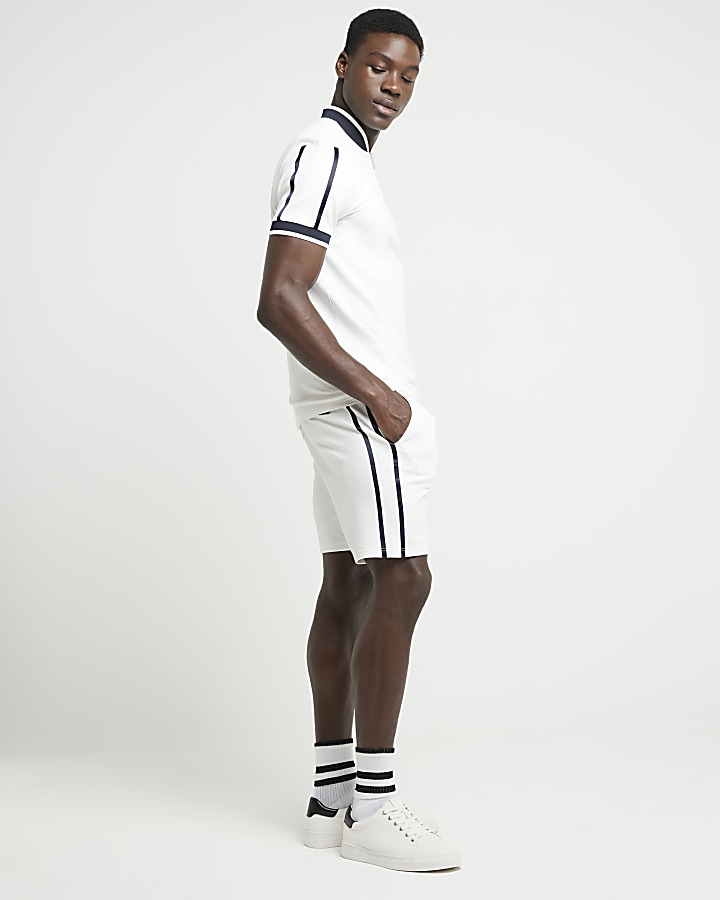 White slim fit textured taped shorts