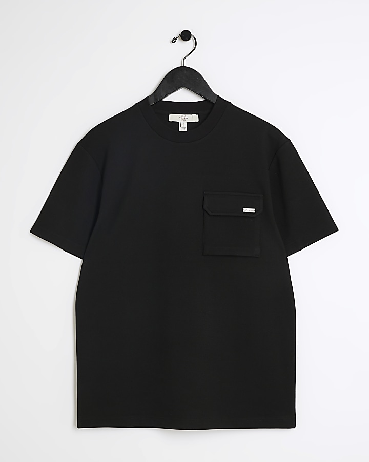 Black slim fit textured pocket t-shirt