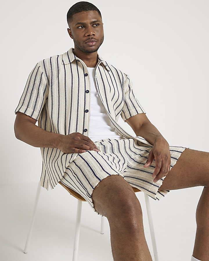 Beige regular fit crochet stripe shirt