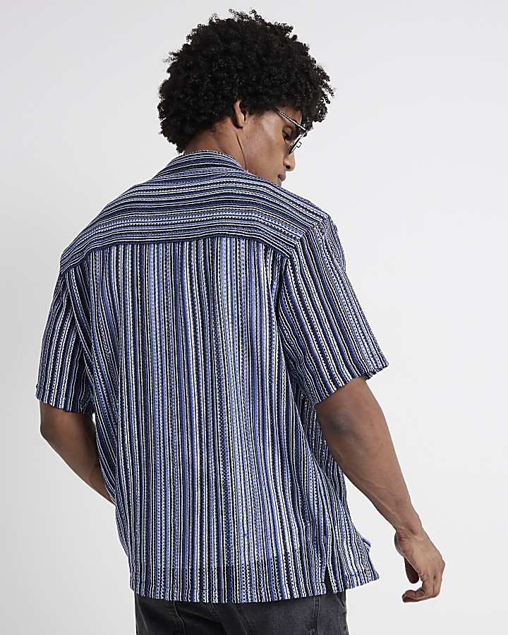 Blue regular fit crochet stripe revere shirt