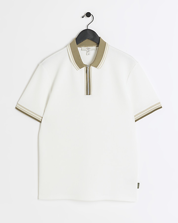 White slim fit textured taped Polo