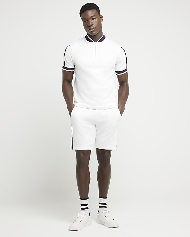 White slim fit textured taped polo