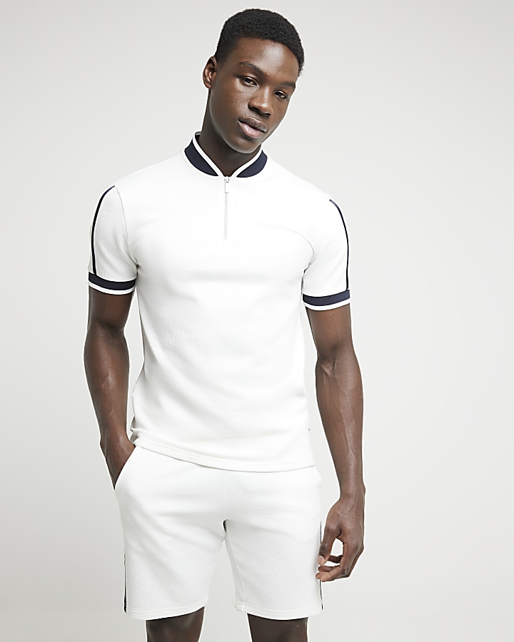 White slim fit textured taped polo