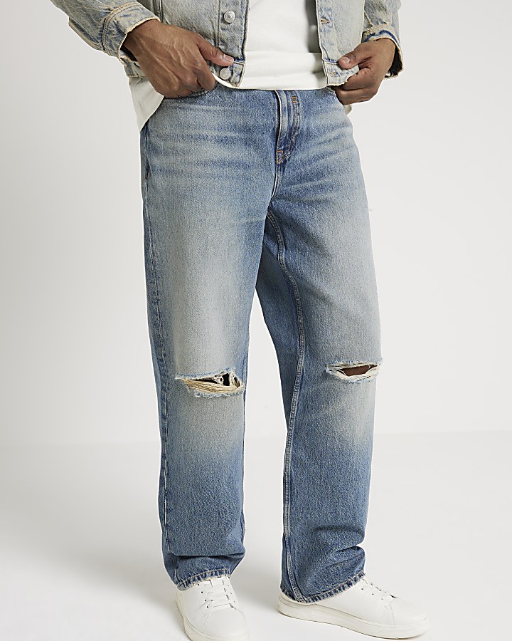 Blue loose fit ripped jeans