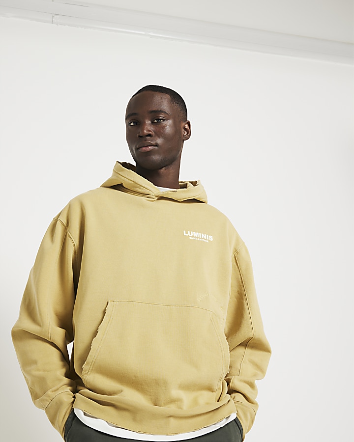 Yellow regular fit washed graphic hoodie