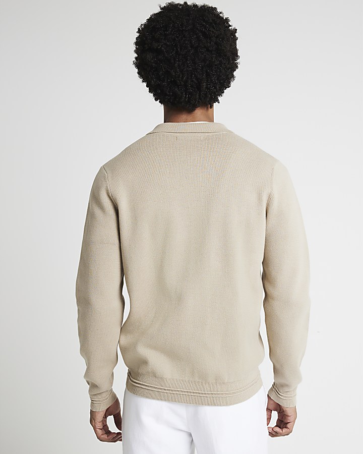 Stone regular fit knitted zip up shirt