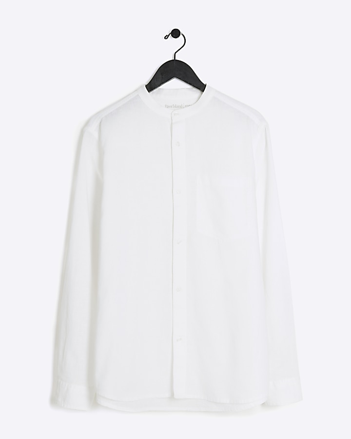 White slim fit linen blend grandad neck shirt