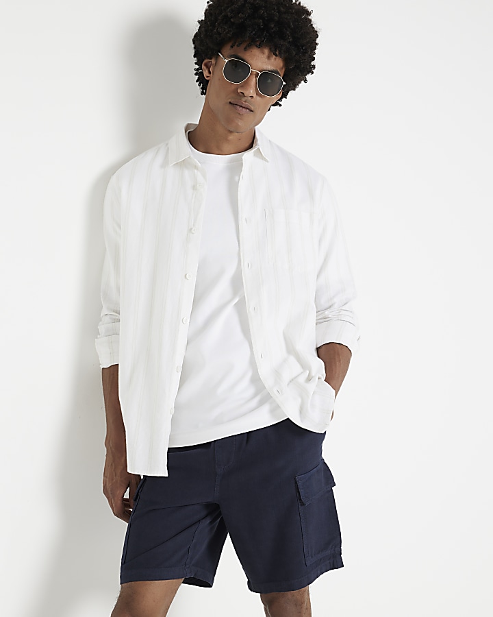 Navy regular fit linen blend cargo shorts | River Island