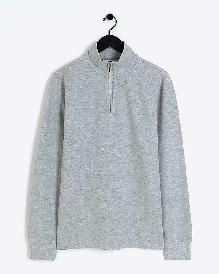 Grey slim fit textured funnel sweatshirt