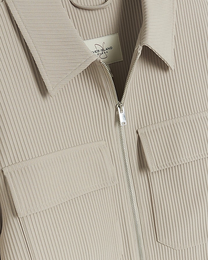 Beige regular fit plisse zip up overshirt
