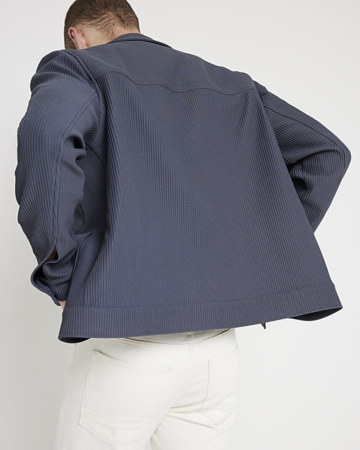 Blue regular fit plisse zip up overshirt