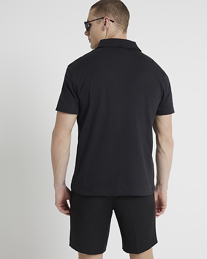 Black regular fit textured open neck polo