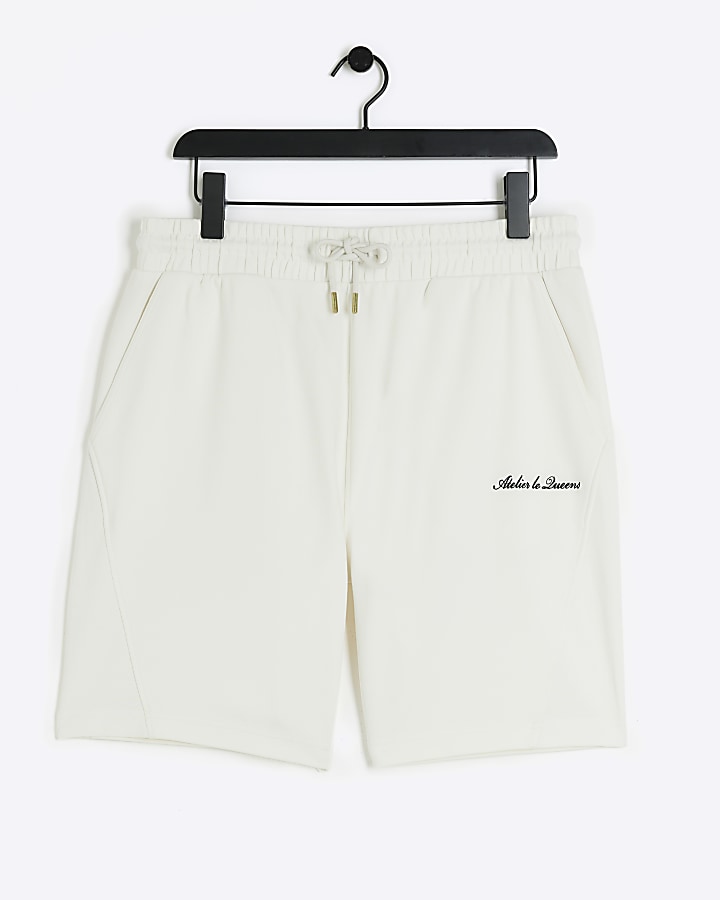 Beige regular fit embroidery shorts