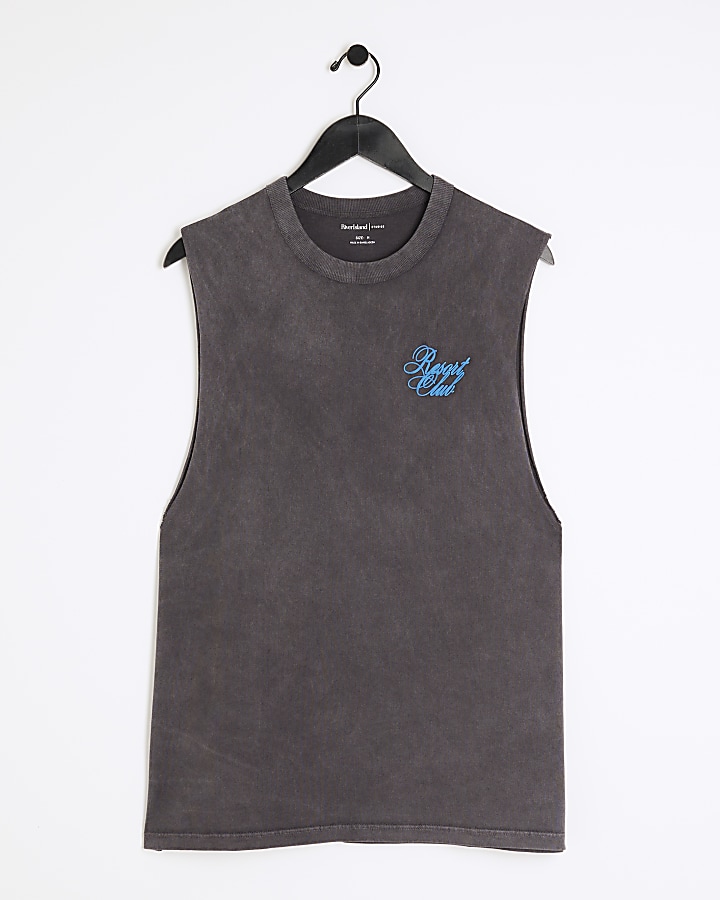 Washed black regular fit graphic vest top