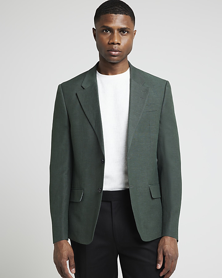 Green slim fit linen blend suit jacket