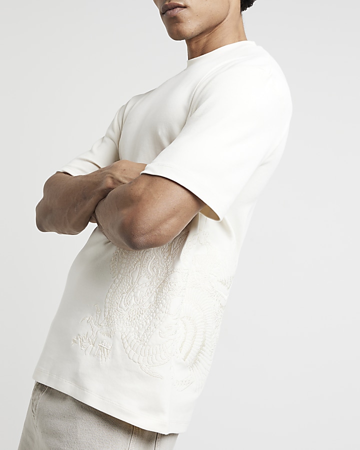 Ecru regular fit dragon embroidered t-shirt | River Island