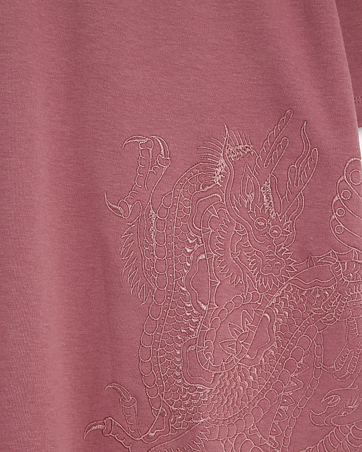 Red regular fit embroidered dragon t-shirt