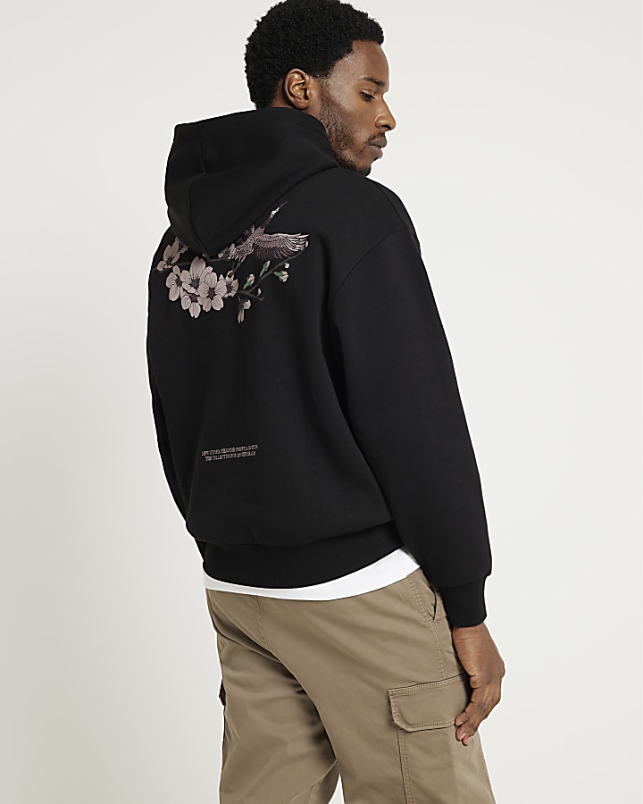 Black oversized fit floral embroidered hoodie