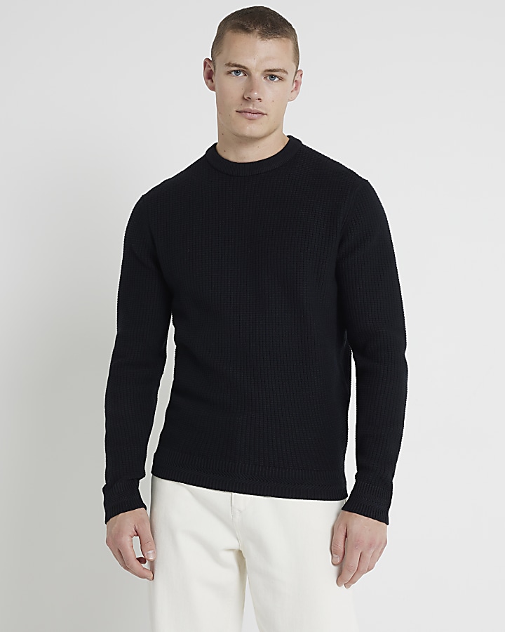 Black slim fit waffle textured crew jumper | River Island