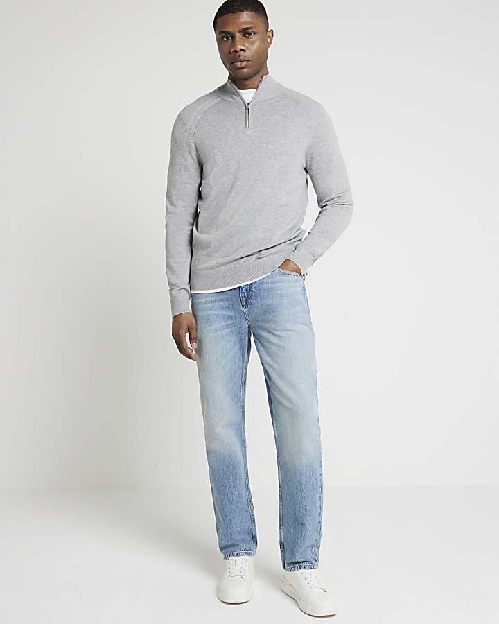 Grey slim fit viscose half zip jumper | River Island