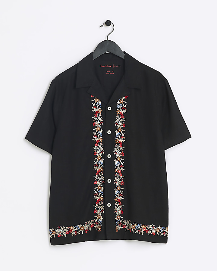 Black regular fit embroidered floral shirt