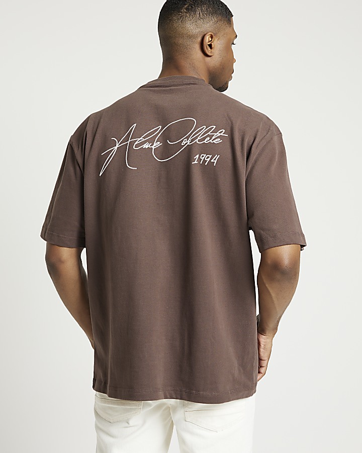 Brown oversized fit script graphic t-shirt