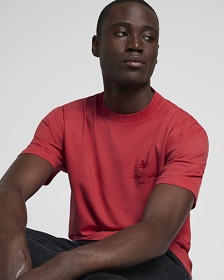 Washed red regular fit embroidered t-shirt