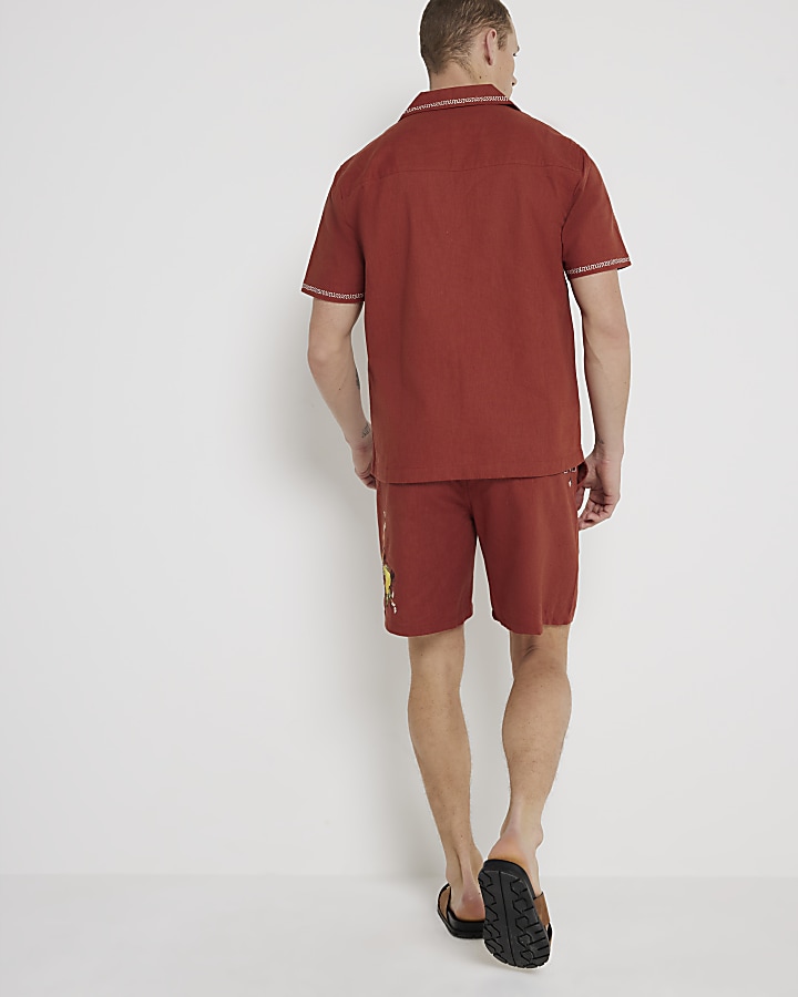 Orange regular fit linen blend shorts