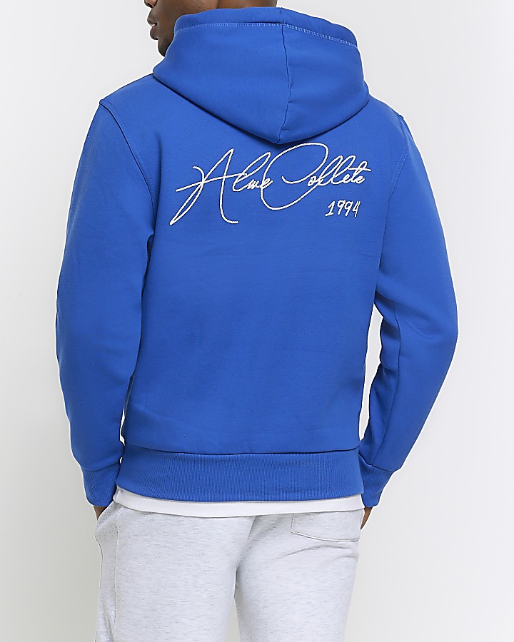 Blue regular fit script graphic hoodie
