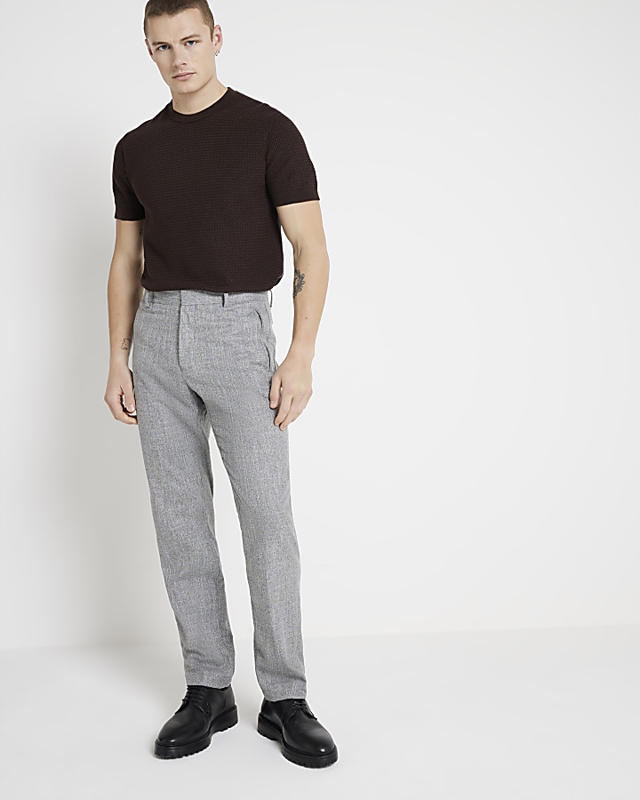 Grey Slim Fit Textured Smart Trousers