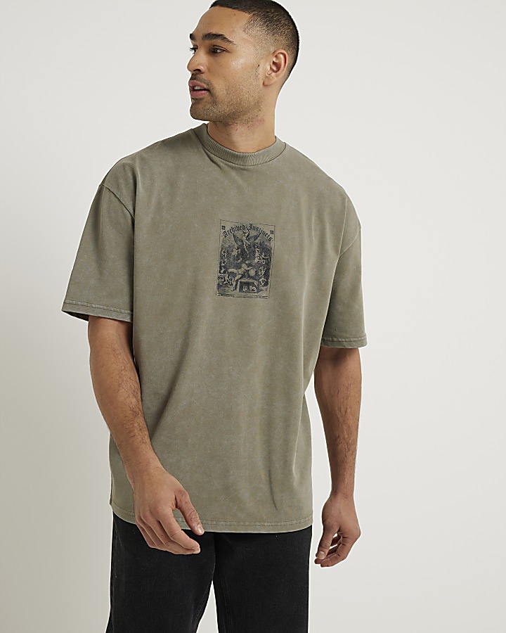 Khaki oversized fit graphic patch t-shirt
