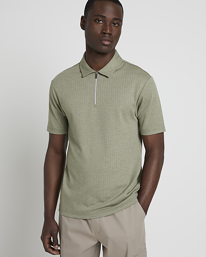 Green slim  fit herringbone half zip polo